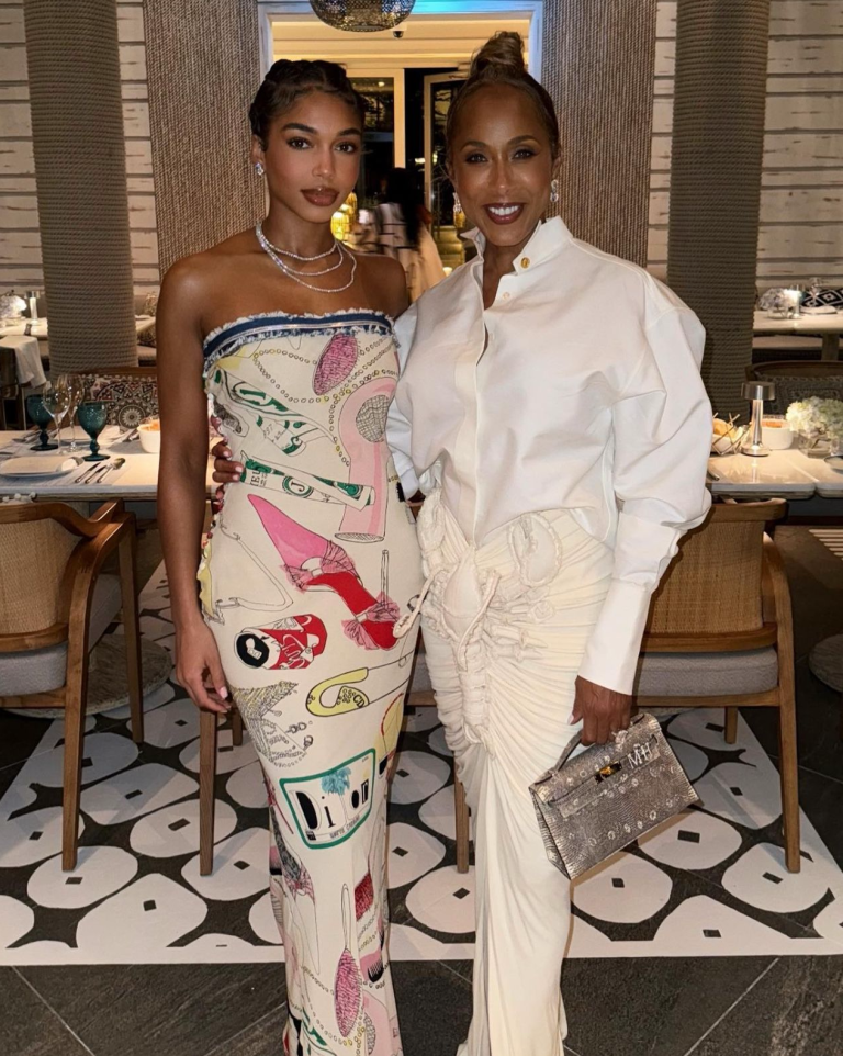 Lori and Marjorie Harvey are Mother Daughter Style Goals in a Dior Strapless Doodle Print Dress and a White Schiaparelli Lobster Ruched Skirt