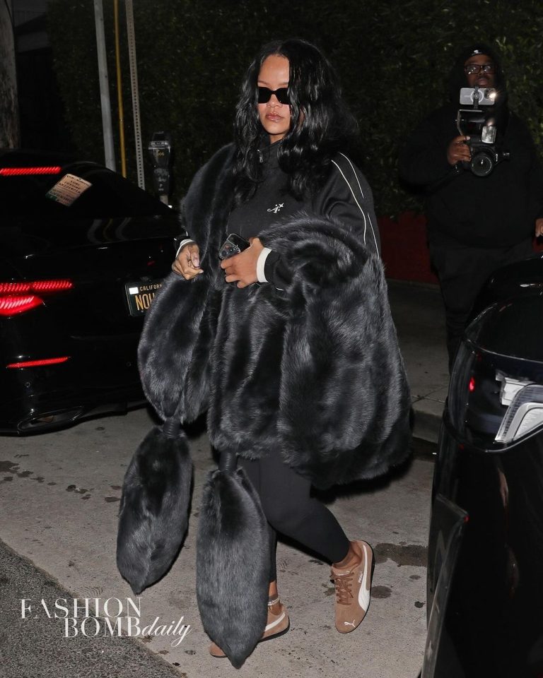 Rihanna Stepped Out to Dinner in LA in a Black Awake New York Track Suit, with a Black Bottega Veneta Faux Fur Shawl and Brown Puma Sneakers